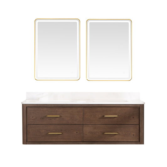 Vinnova, Cristo 60M" Floating Double Bath Vanity in Aged Dark Brown Oak with Fish Maw White Quartz Stone Top and Mirror