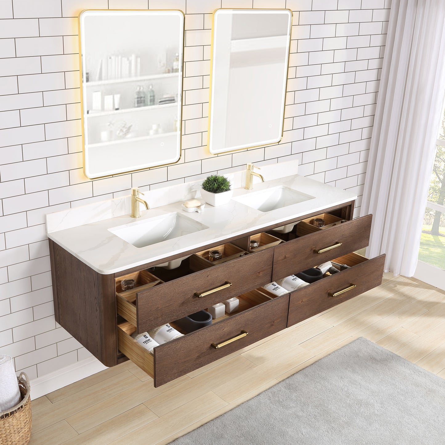 Vinnova, Cristo 72" Floating Double Bath Vanity in Aged Dark Brown Oak with Fish Maw White Quartz Stone Top