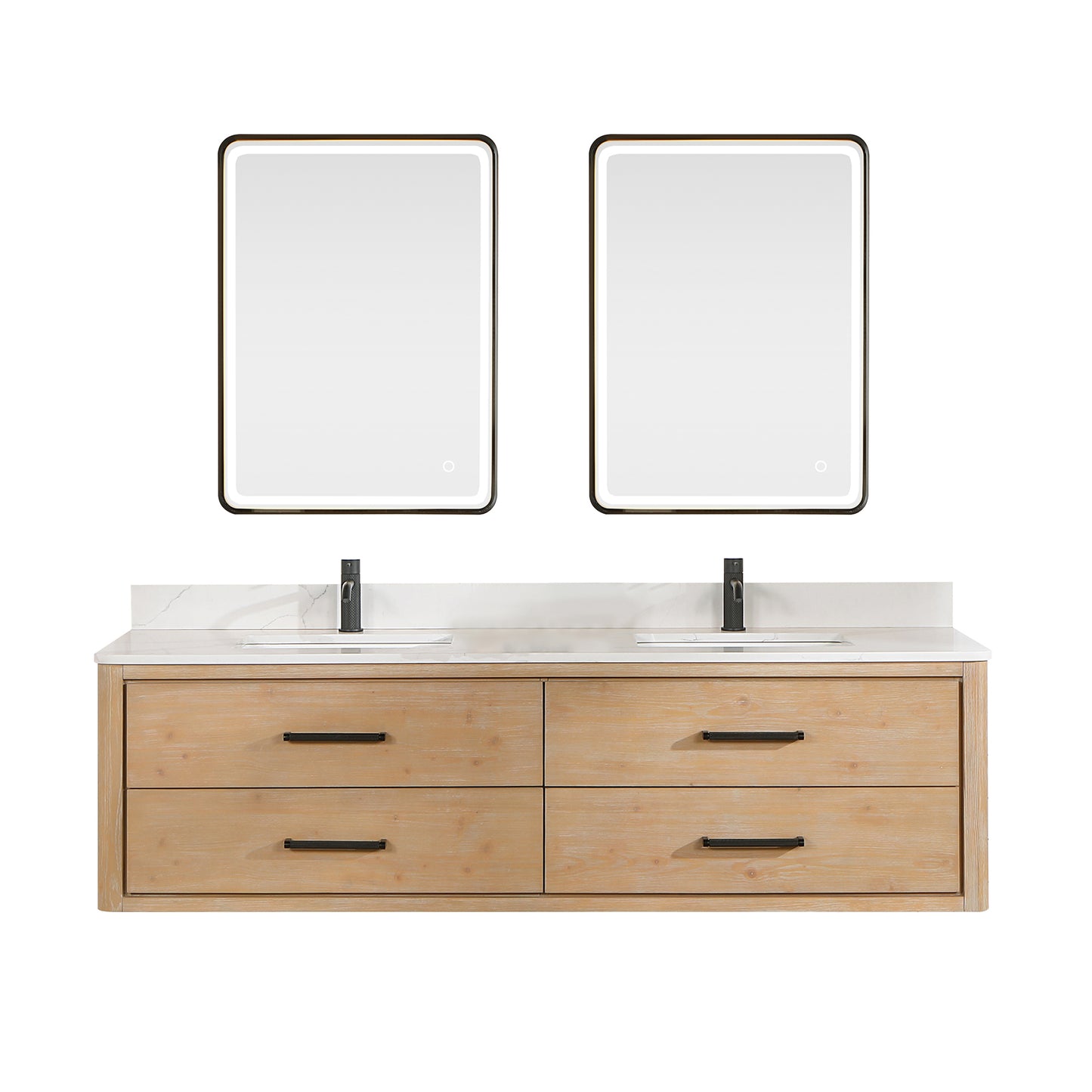 Vinnova, Cristo 72" Floating Double Bath Vanity in Fir Wood Brown with Fish Maw White Quartz Stone Top and Mirror