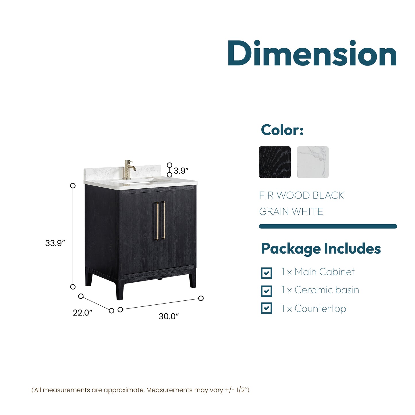 Vinnova, Gara 30" Free-standing Single Bath Vanity in Fir Wood Black with White Grain Composite Stone Top