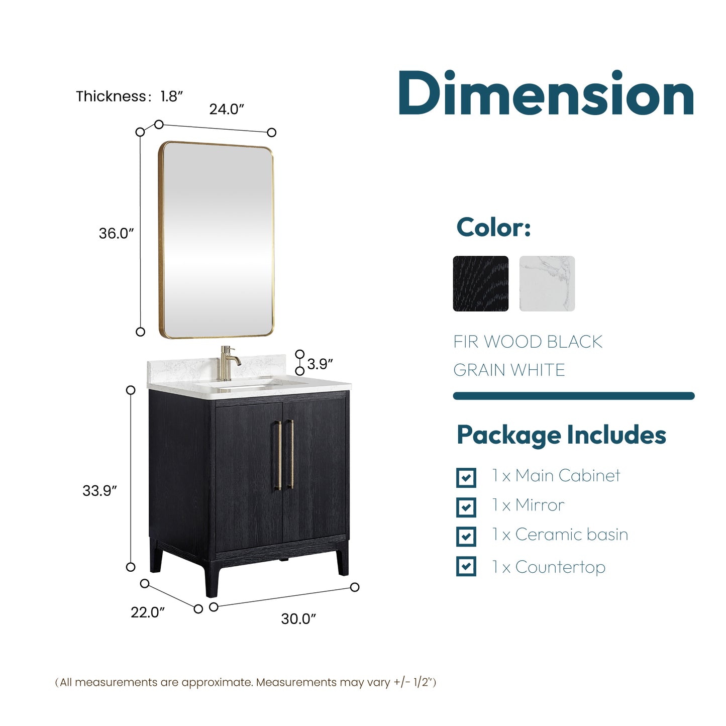 Vinnova, Gara 30" Free-standing Single Bath Vanity in Fir Wood Black with White Grain Composite Stone Top and Mirror