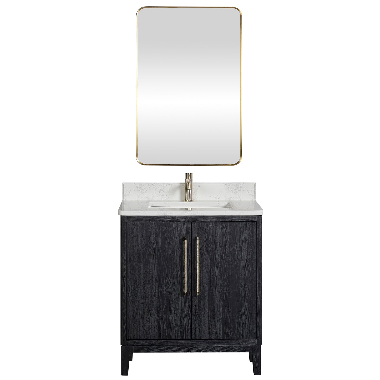 Vinnova, Gara 30" Free-standing Single Bath Vanity in Fir Wood Black with White Grain Composite Stone Top and Mirror