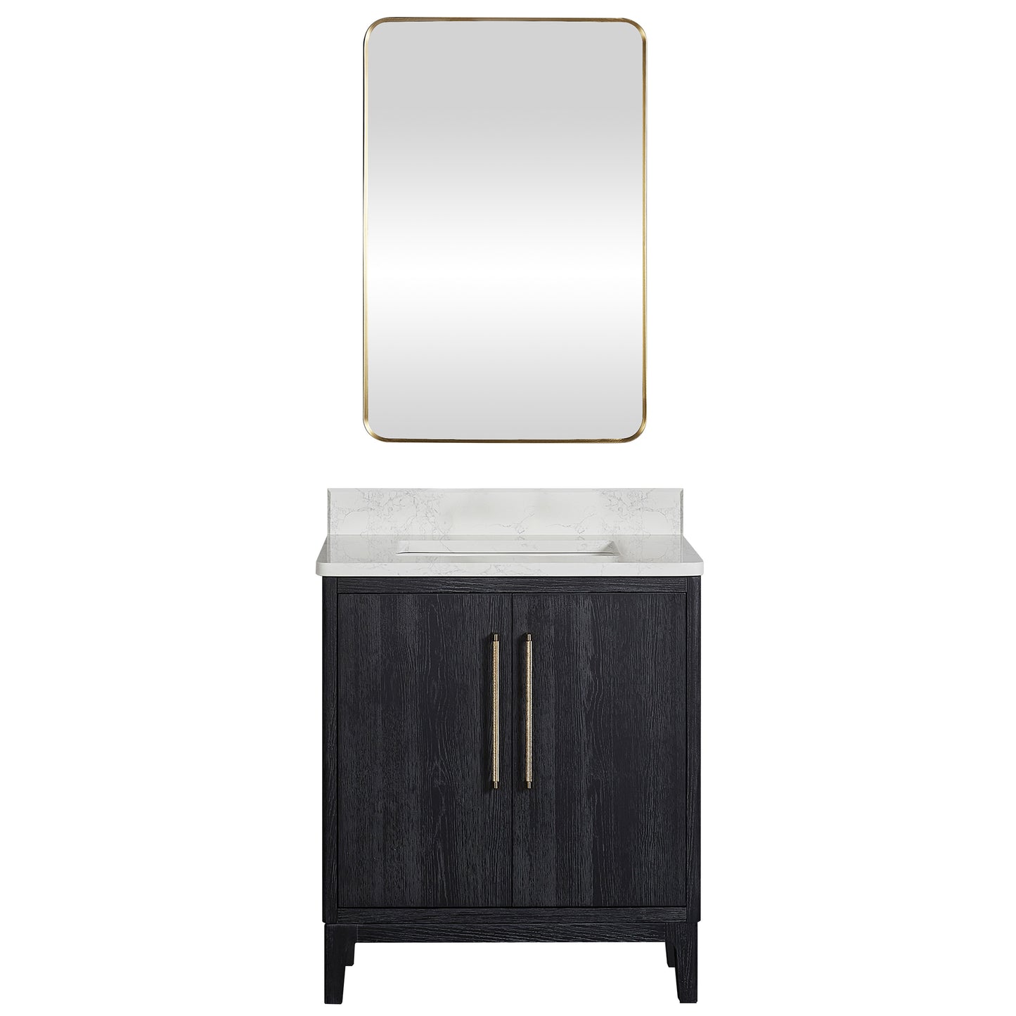 Vinnova, Gara 30" Free-standing Single Bath Vanity in Fir Wood Black with White Grain Composite Stone Top and Mirror
