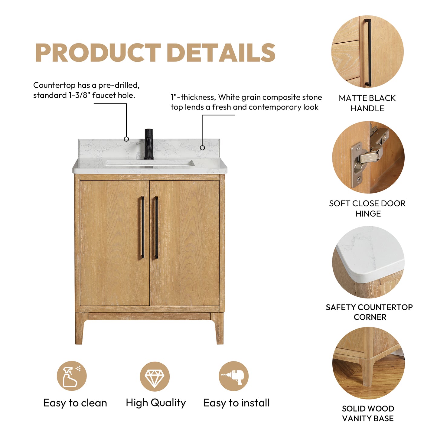 Vinnova, Gara 30" Free-standing Single Bath Vanity in Washed Ash Grey with White Grain Composite Stone Top