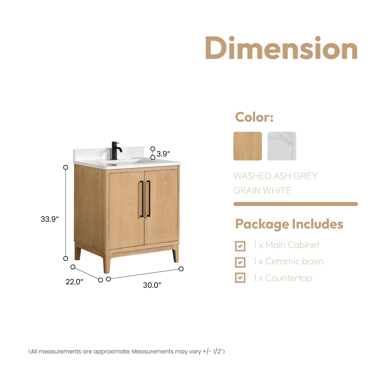 Vinnova, Gara 30" Free-standing Single Bath Vanity in Washed Ash Grey with White Grain Composite Stone Top