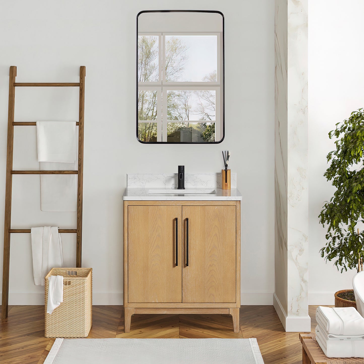 Vinnova, Gara 30" Free-standing Single Bath Vanity in Washed Ash Grey with White Grain Composite Stone Top