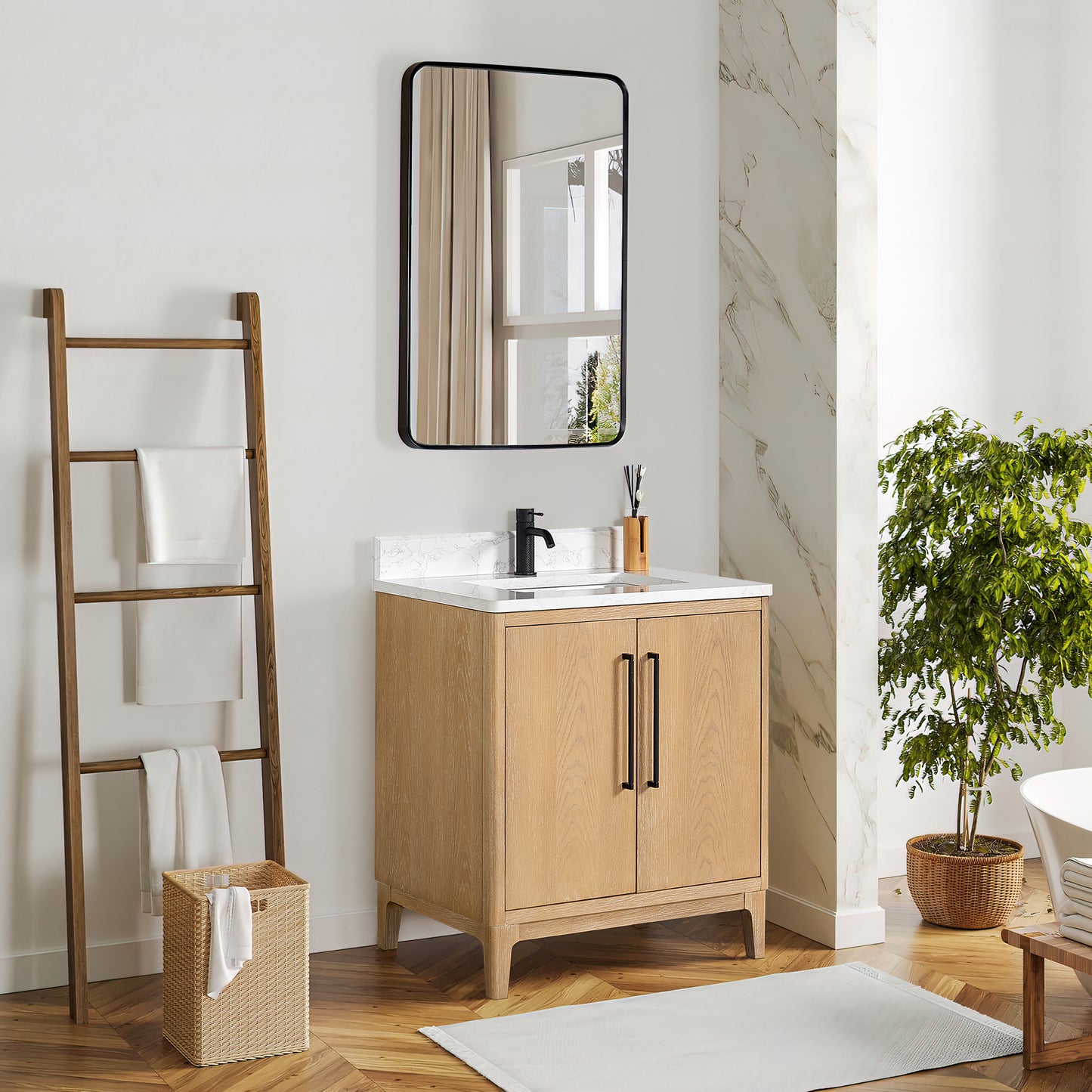 Vinnova, Gara 30" Free-standing Single Bath Vanity in Washed Ash Grey with White Grain Composite Stone Top