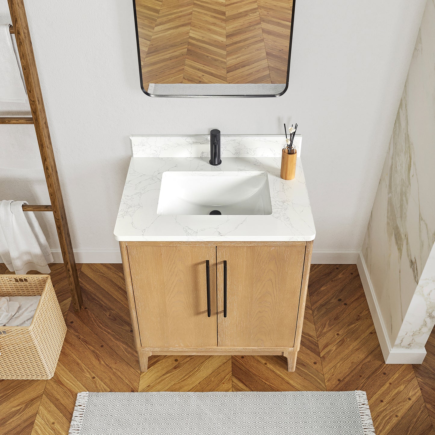 Vinnova, Gara 30" Free-standing Single Bath Vanity in Washed Ash Grey with White Grain Composite Stone Top