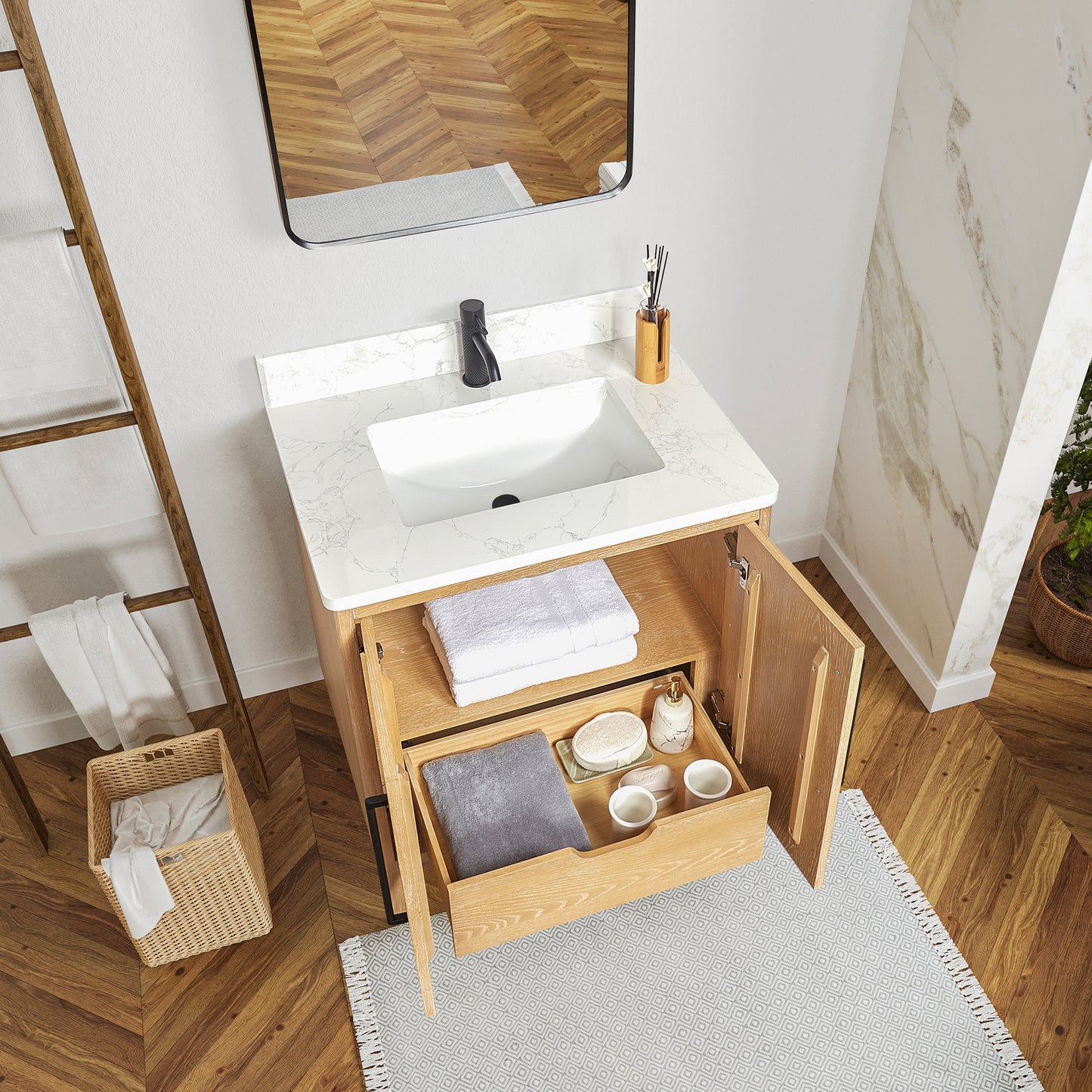 Vinnova, Gara 30" Free-standing Single Bath Vanity in Washed Ash Grey with White Grain Composite Stone Top and Mirror