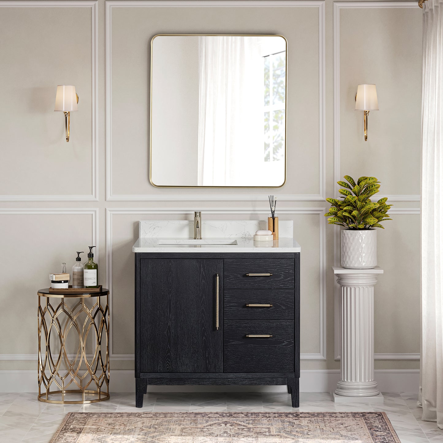 Vinnova, Gara 36" Free-standing Single Bath Vanity in Fir Wood Black with White Grain Composite Stone Top
