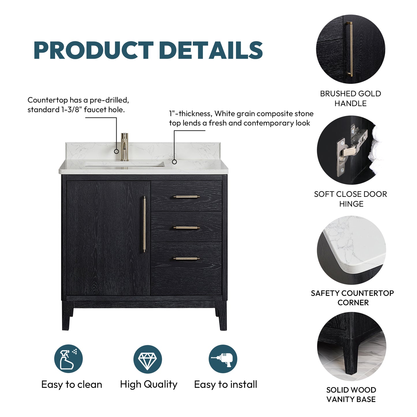 Vinnova, Gara 36" Free-standing Single Bath Vanity in Fir Wood Black with White Grain Composite Stone Top
