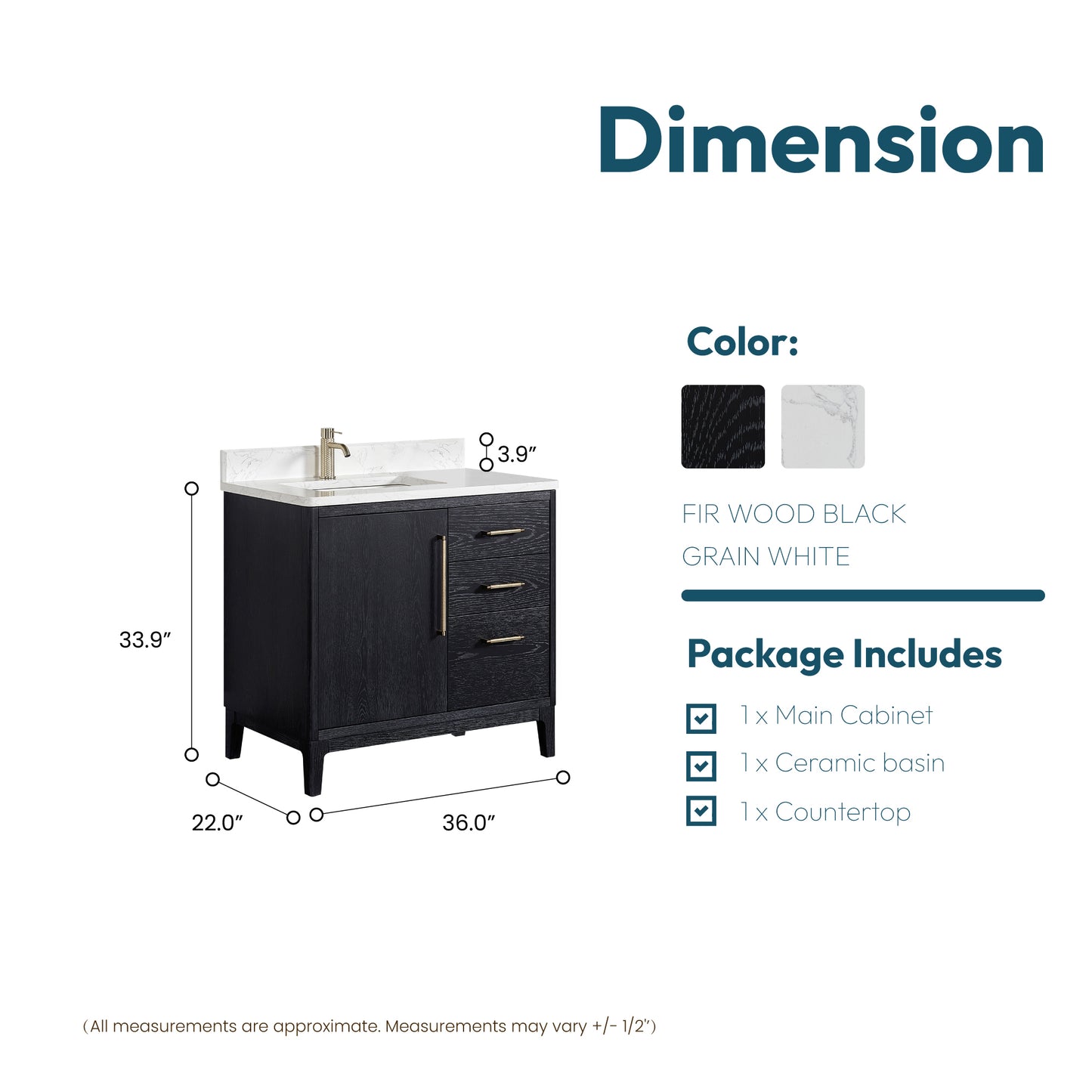 Vinnova, Gara 36" Free-standing Single Bath Vanity in Fir Wood Black with White Grain Composite Stone Top