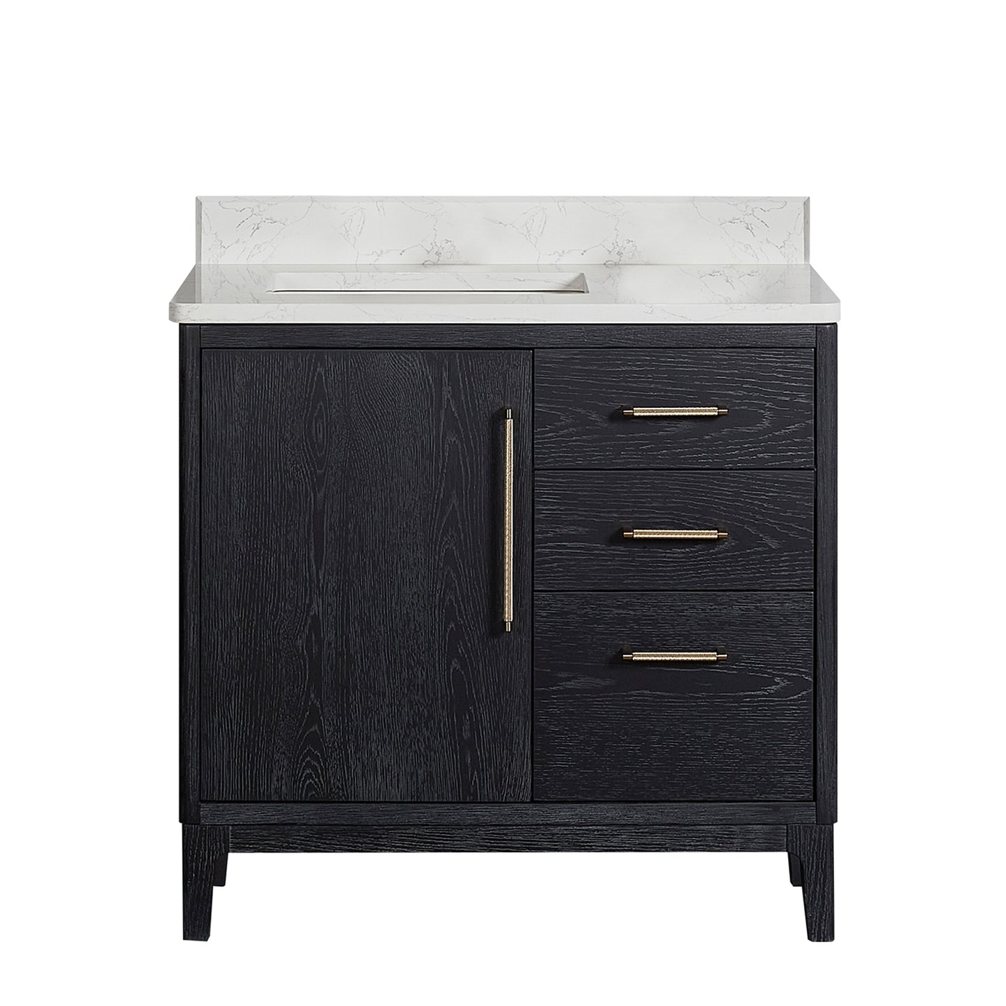Vinnova, Gara 36" Free-standing Single Bath Vanity in Fir Wood Black with White Grain Composite Stone Top