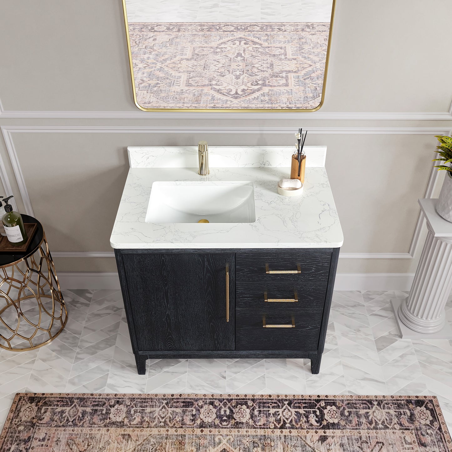 Vinnova, Gara 36" Free-standing Single Bath Vanity in Fir Wood Black with White Grain Composite Stone Top