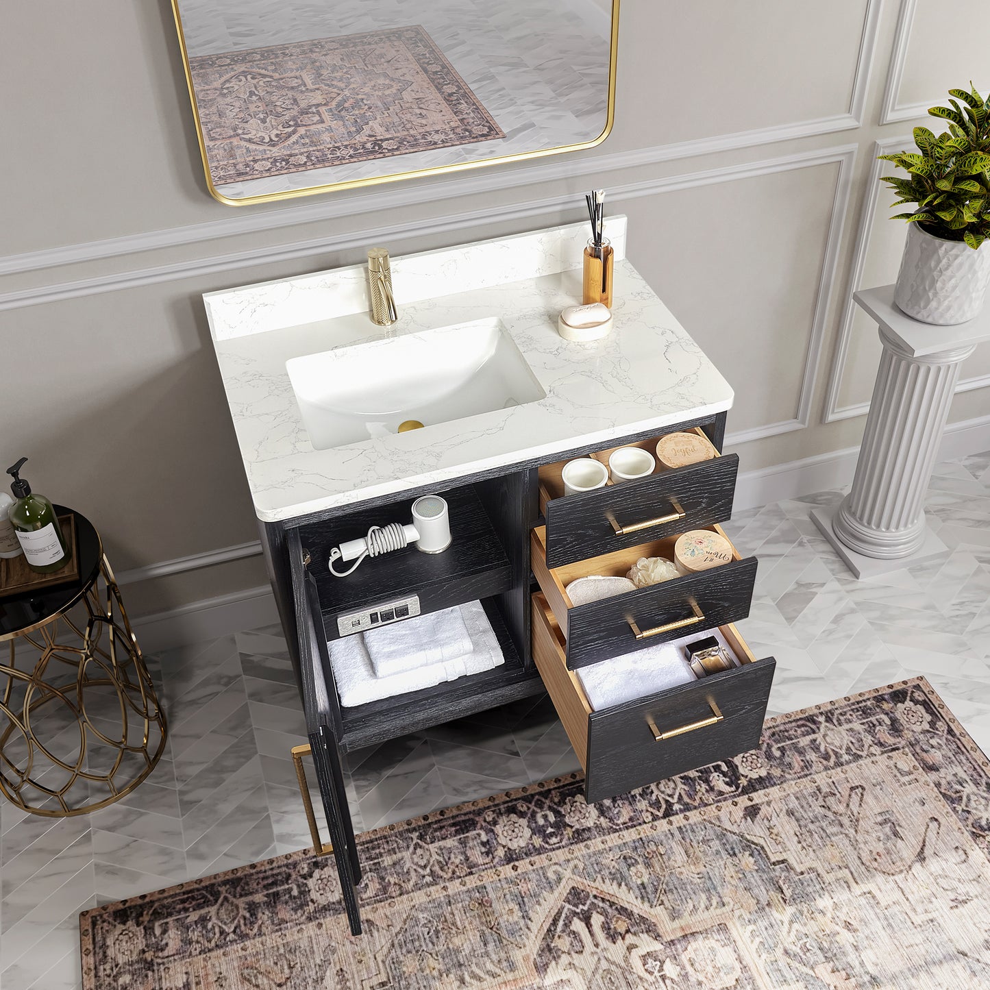 Vinnova, Gara 36" Free-standing Single Bath Vanity in Fir Wood Black with White Grain Composite Stone Top