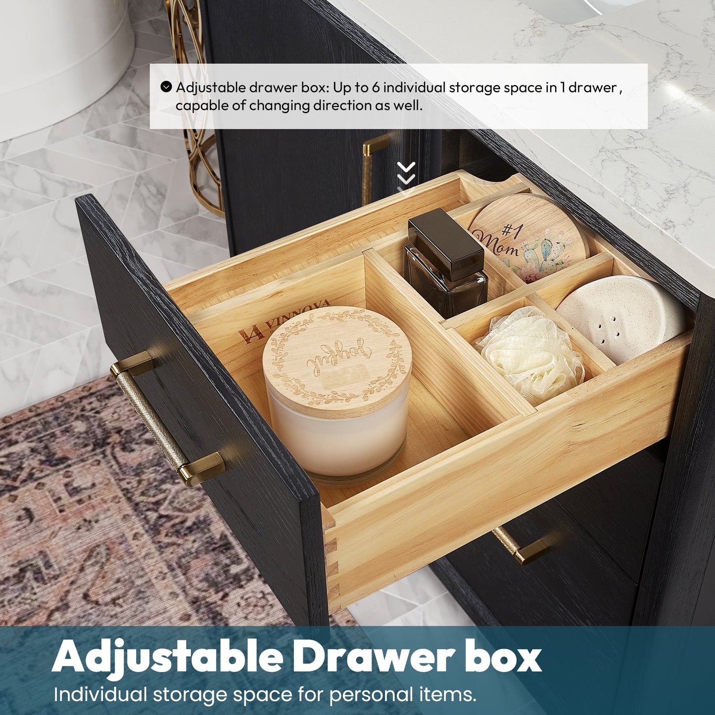 Vinnova, Gara 36" Free-standing Single Bath Vanity in Fir Wood Black with White Grain Composite Stone Top