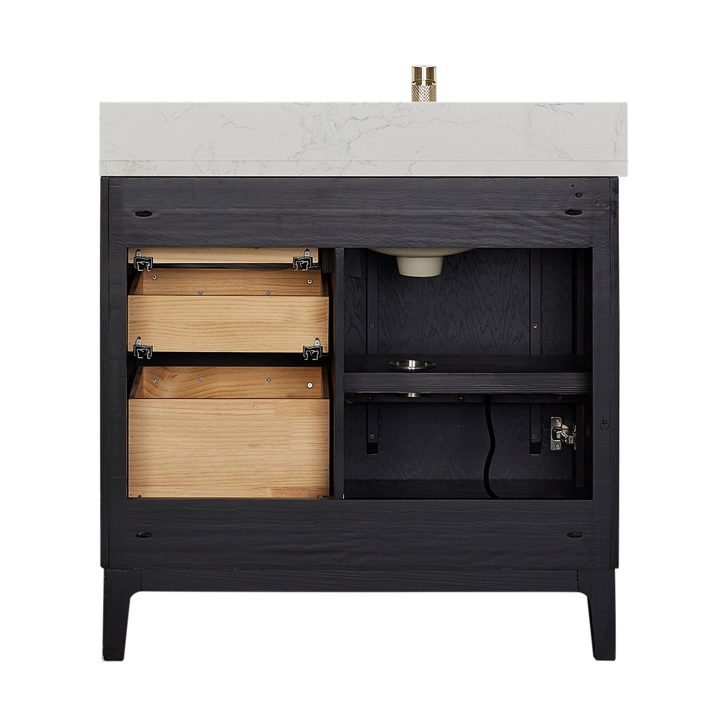 Vinnova, Gara 36" Free-standing Single Bath Vanity in Fir Wood Black with White Grain Composite Stone Top and Mirror