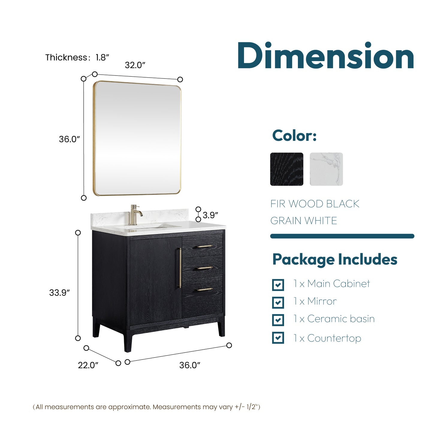 Vinnova, Gara 36" Free-standing Single Bath Vanity in Fir Wood Black with White Grain Composite Stone Top and Mirror