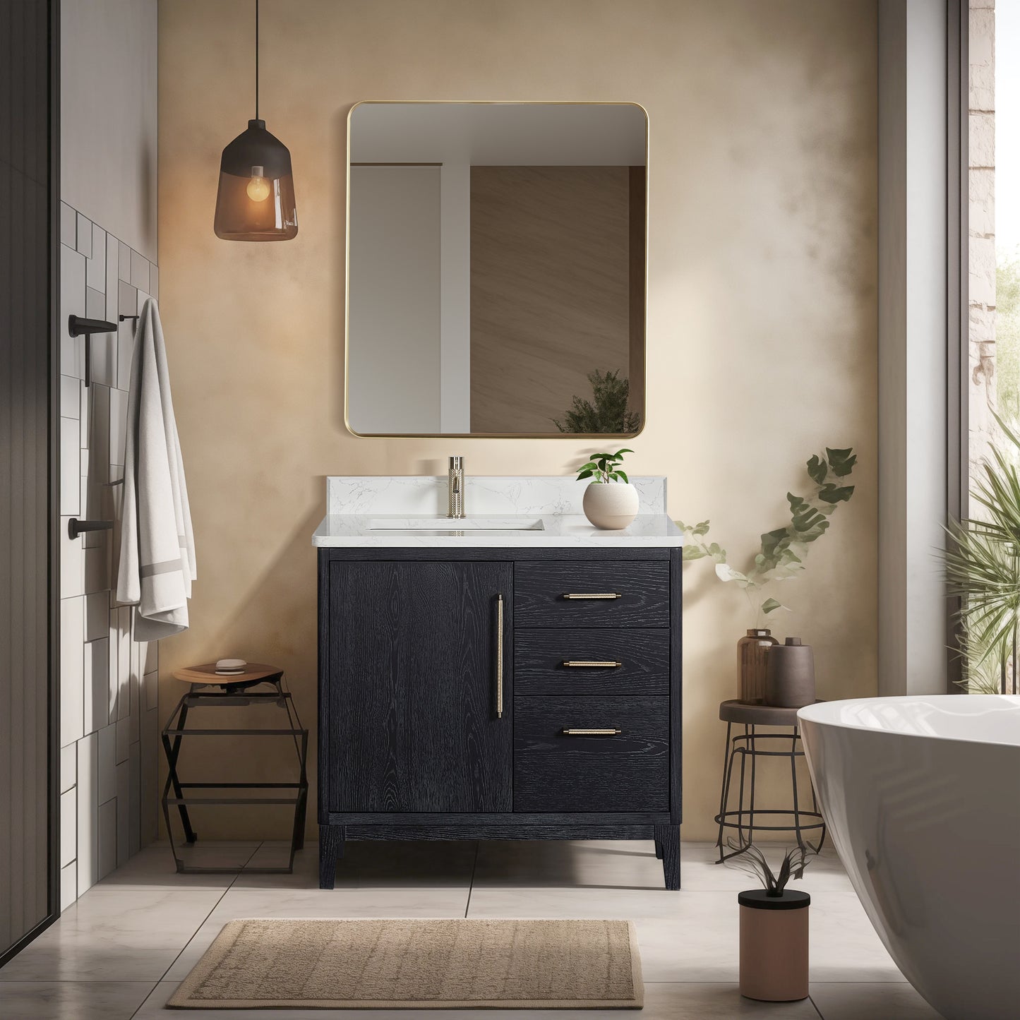 Vinnova, Gara 36" Free-standing Single Bath Vanity in Fir Wood Black with White Grain Composite Stone Top and Mirror