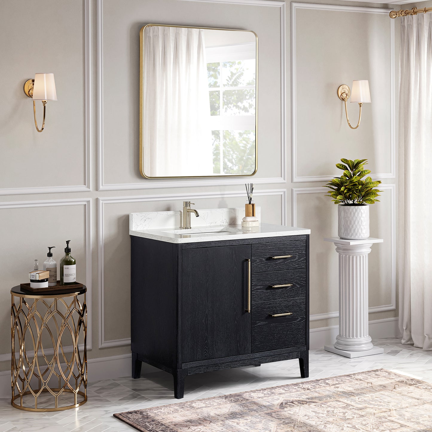 Vinnova, Gara 36" Free-standing Single Bath Vanity in Fir Wood Black with White Grain Composite Stone Top and Mirror