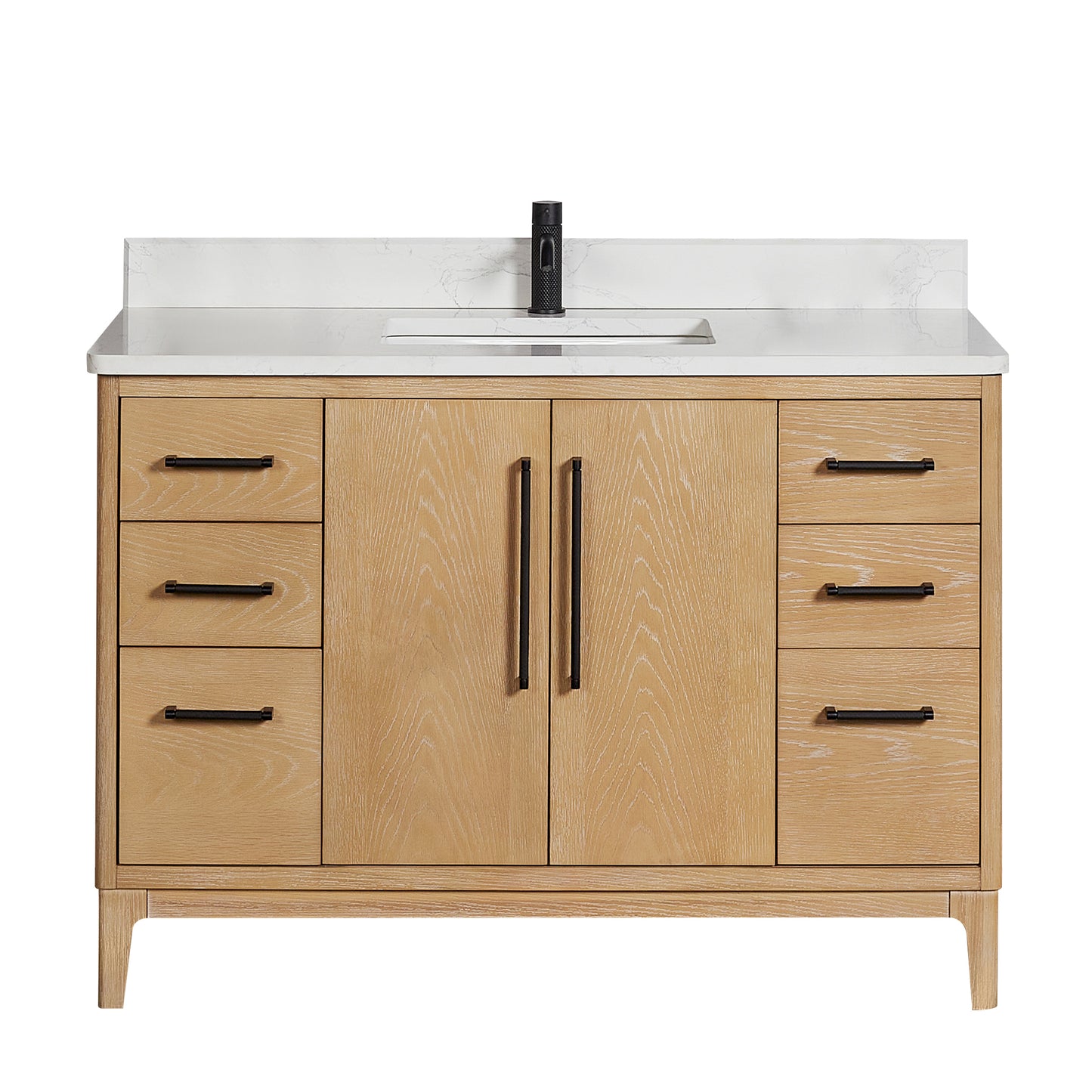 Vinnova, Gara 48" Free-standing Single Bath Vanity in Washed Ash Grey with White Grain Composite Stone Top