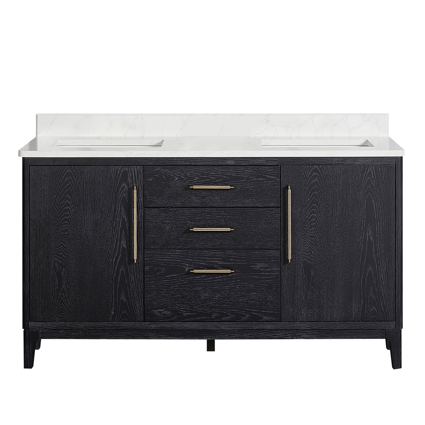 Vinnova, Gara 60M" Free-standing Double Bath Vanity in Fir Wood Black with White Grain Composite Stone Top