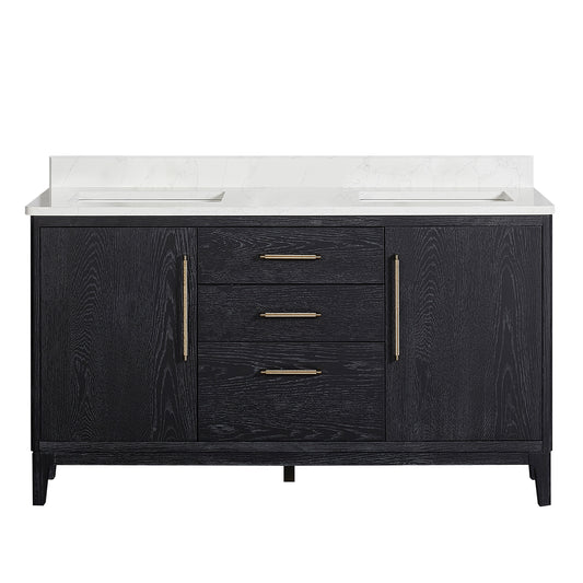 Vinnova, Gara 60M" Free-standing Double Bath Vanity in Fir Wood Black with White Grain Composite Stone Top