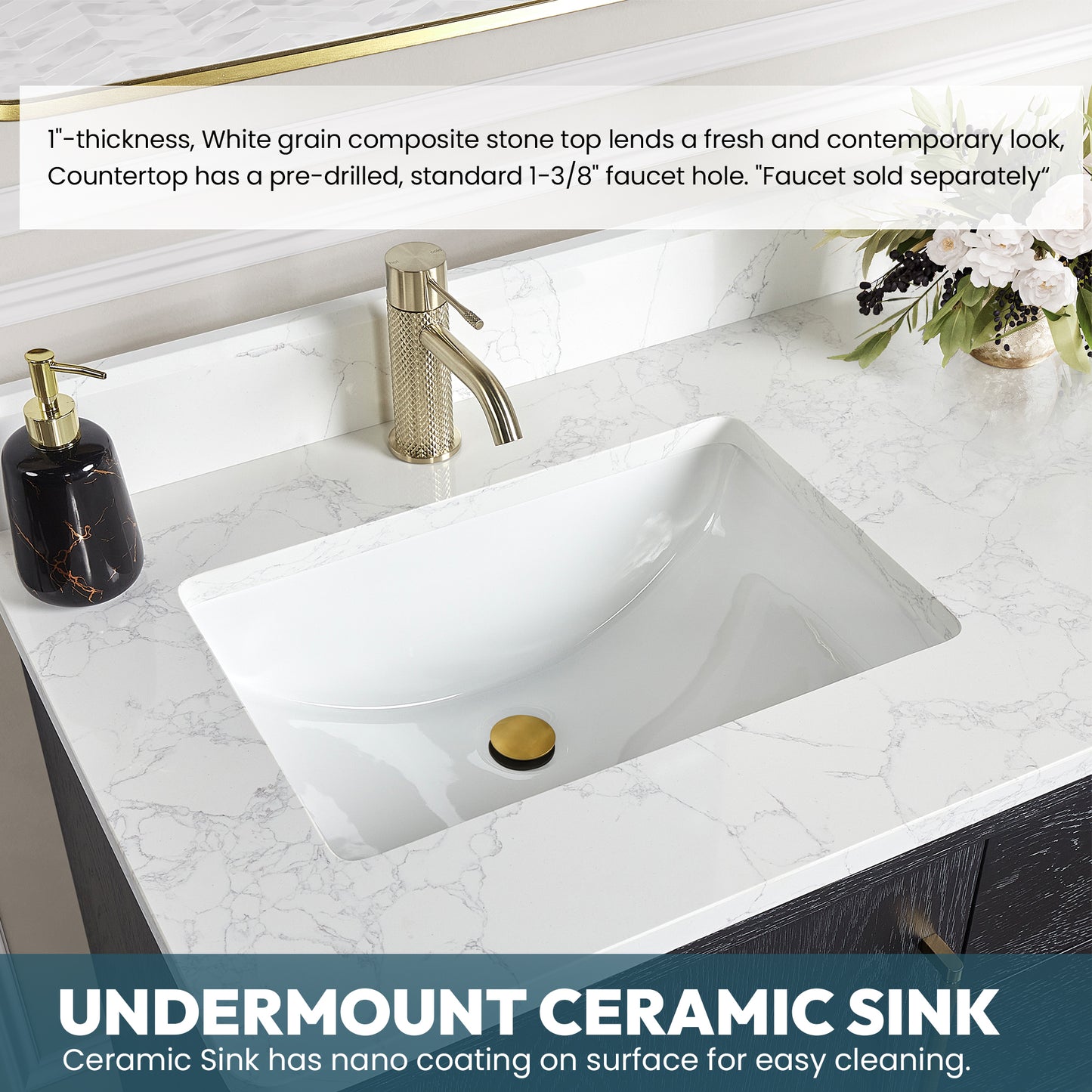 Vinnova, Gara 60M" Free-standing Double Bath Vanity in Fir Wood Black with White Grain Composite Stone Top