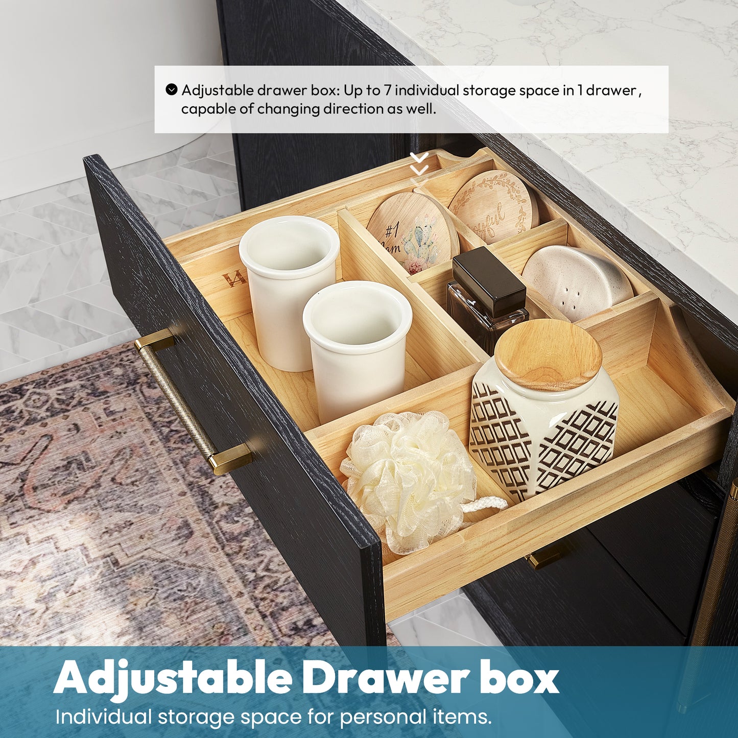 Vinnova, Gara 60M" Free-standing Double Bath Vanity in Fir Wood Black with White Grain Composite Stone Top