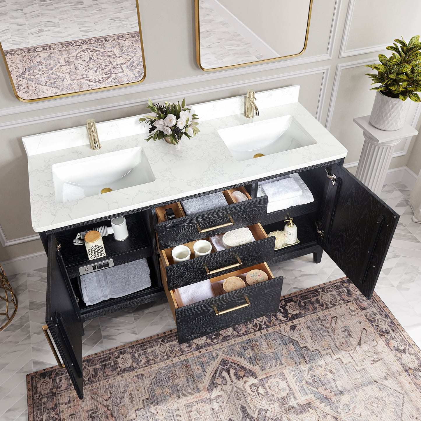 Vinnova, Gara 60M" Free-standing Double Bath Vanity in Fir Wood Black with White Grain Composite Stone Top and Mirror