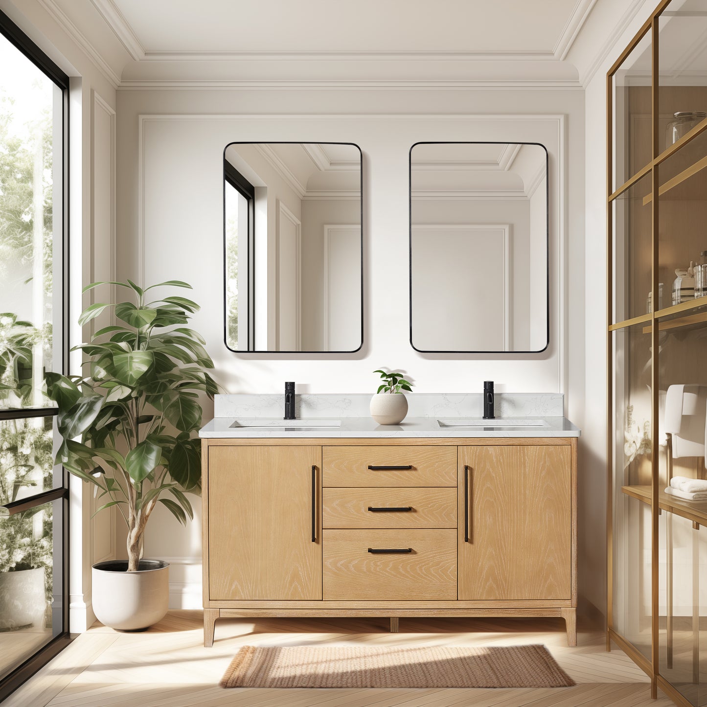 Vinnova, Gara 60M" Free-standing Double Bath Vanity in Washed Ash Grey with White Grain Composite Stone Top and Mirror