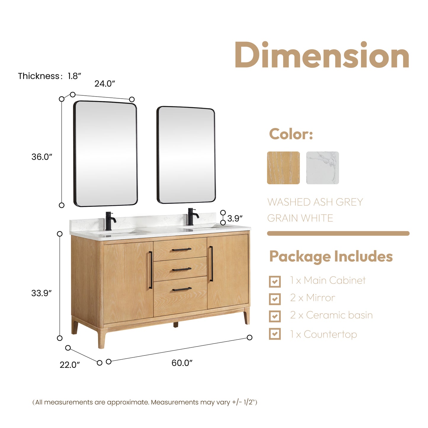 Vinnova, Gara 60M" Free-standing Double Bath Vanity in Washed Ash Grey with White Grain Composite Stone Top and Mirror