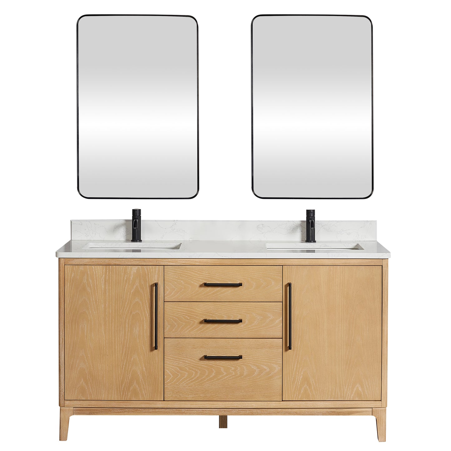 Vinnova, Gara 60M" Free-standing Double Bath Vanity in Washed Ash Grey with White Grain Composite Stone Top and Mirror
