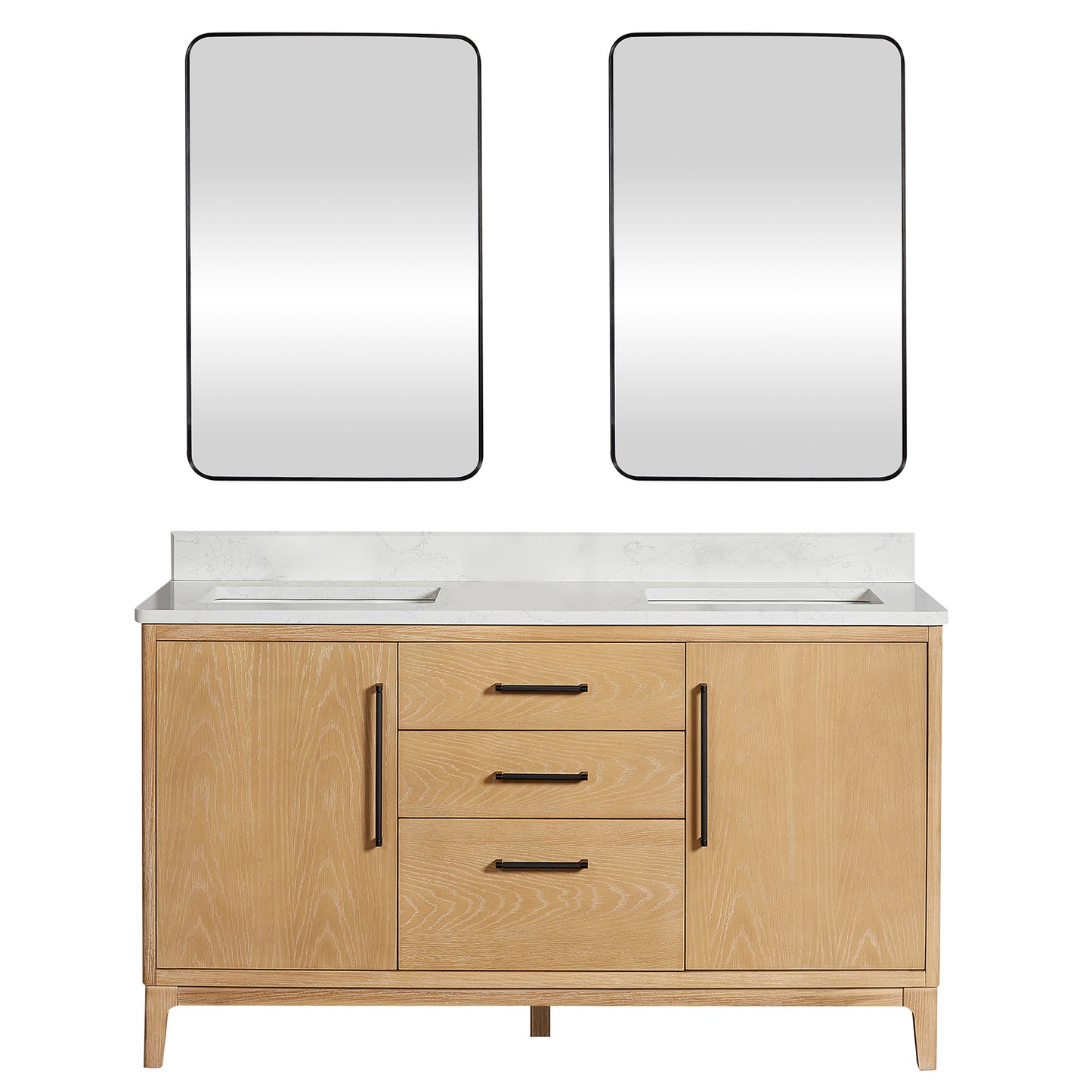 Vinnova, Gara 60M" Free-standing Double Bath Vanity in Washed Ash Grey with White Grain Composite Stone Top and Mirror