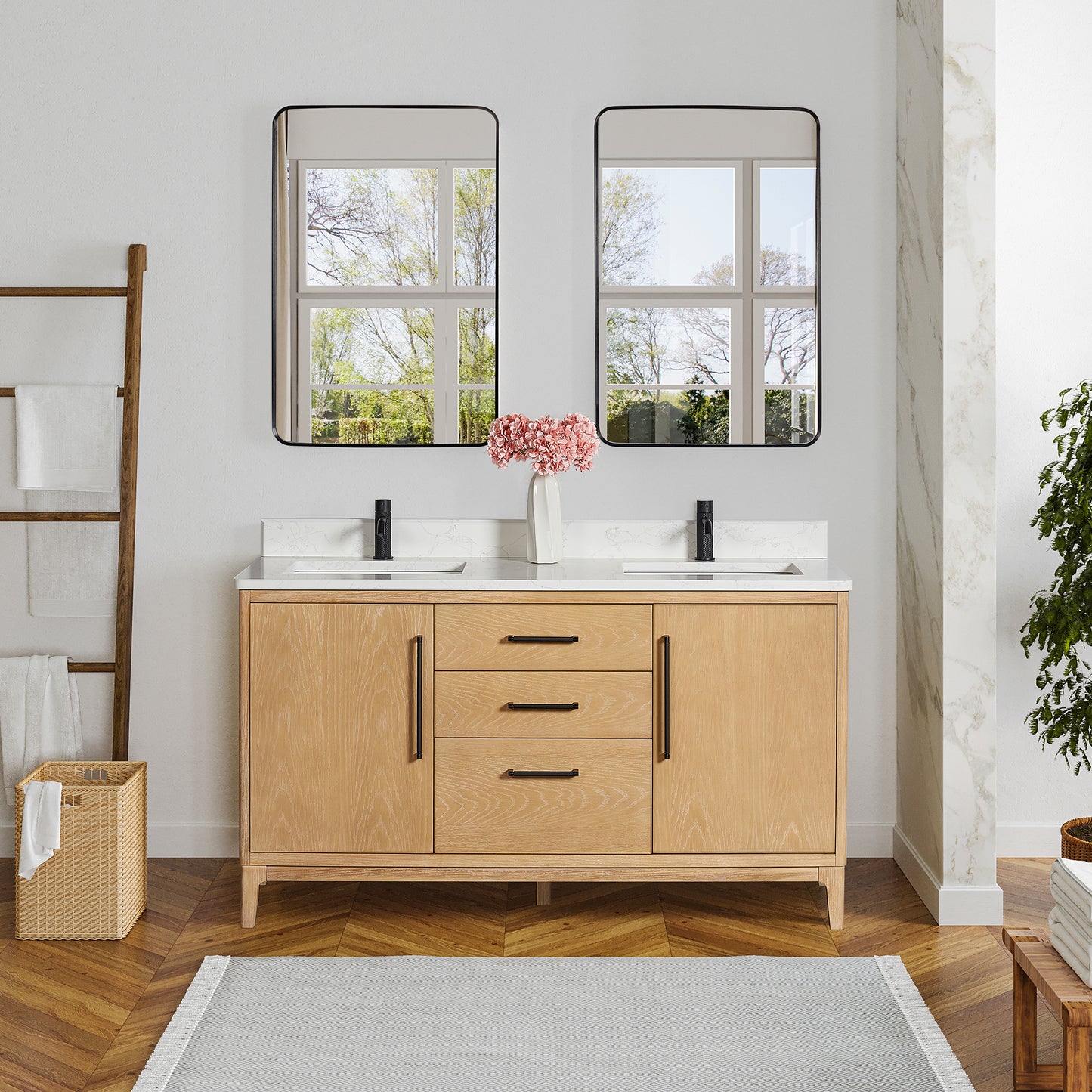 Vinnova, Gara 60M" Free-standing Double Bath Vanity in Washed Ash Grey with White Grain Composite Stone Top and Mirror