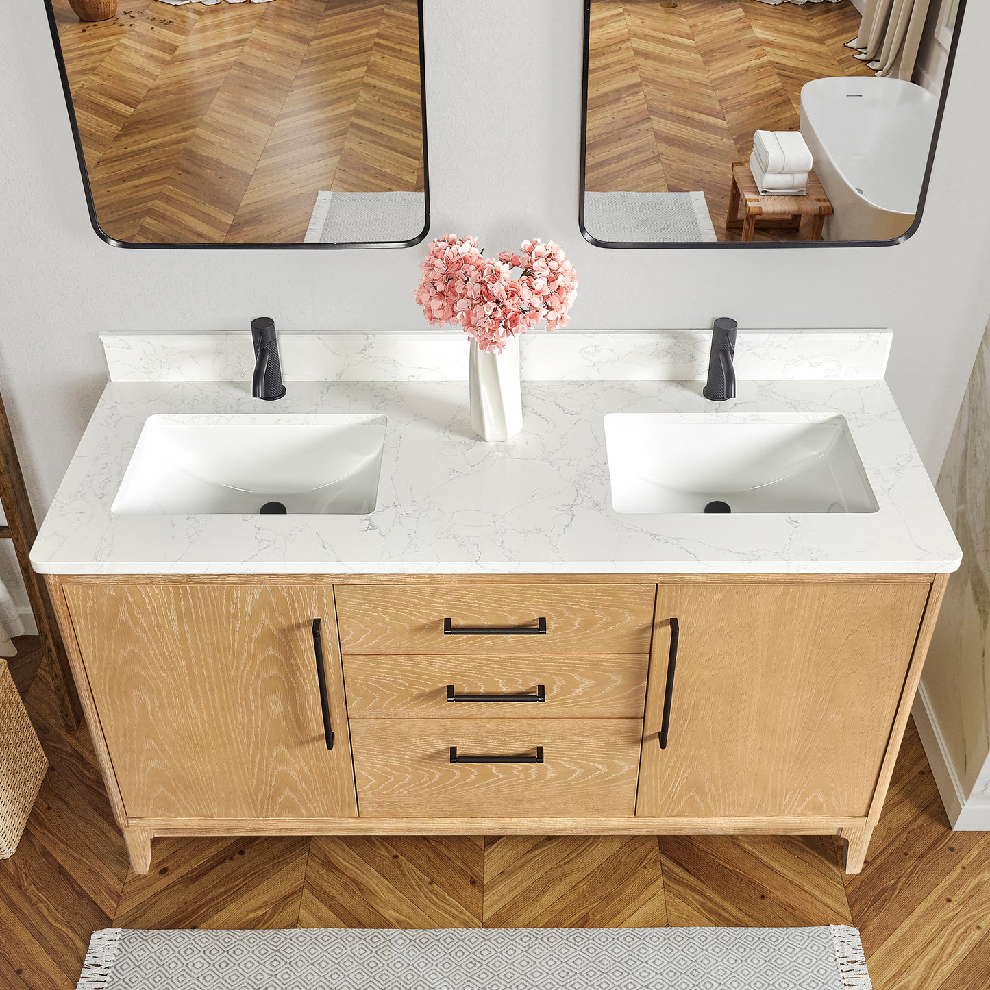 Vinnova, Gara 60M" Free-standing Double Bath Vanity in Washed Ash Grey with White Grain Composite Stone Top and Mirror
