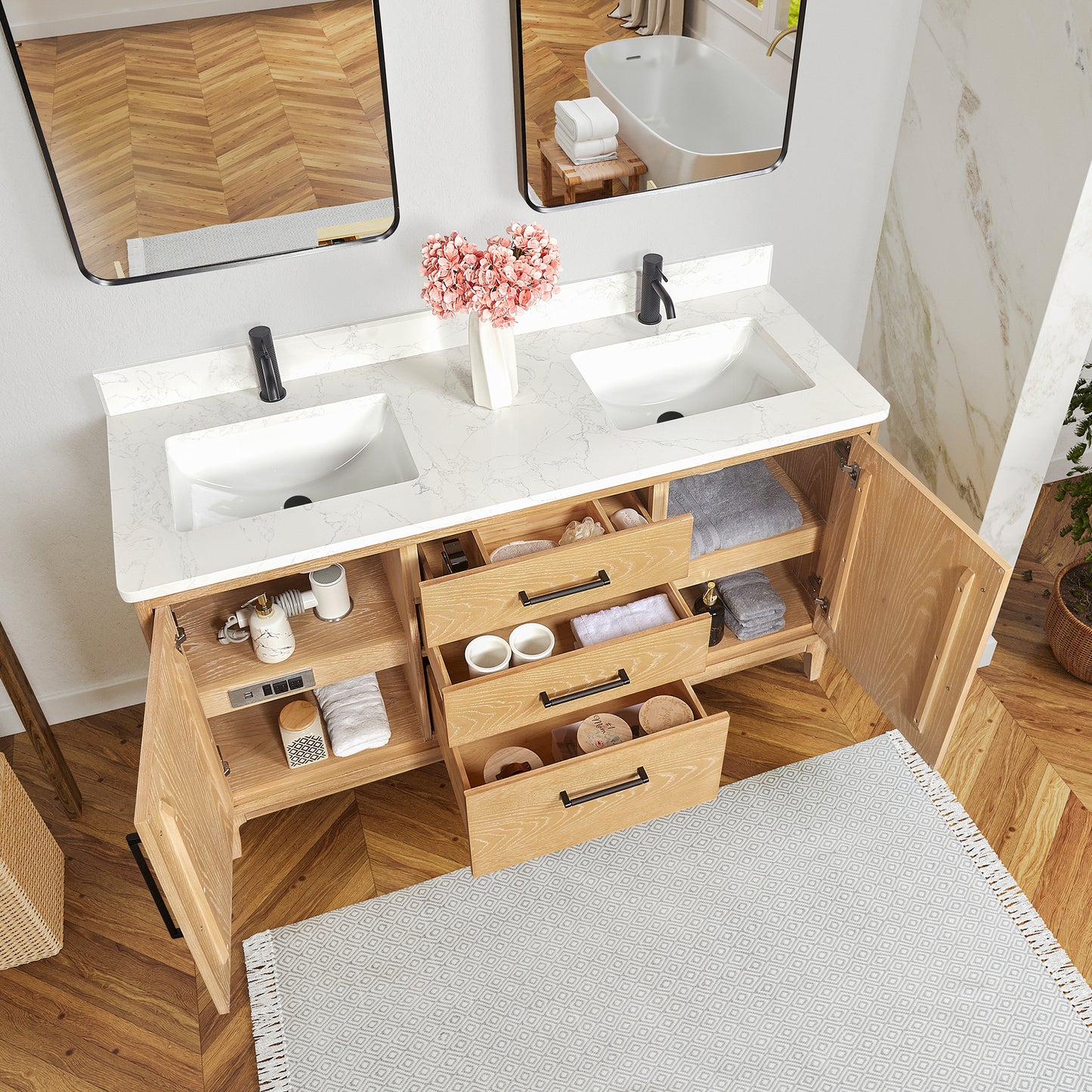 Vinnova, Gara 60M" Free-standing Double Bath Vanity in Washed Ash Grey with White Grain Composite Stone Top and Mirror