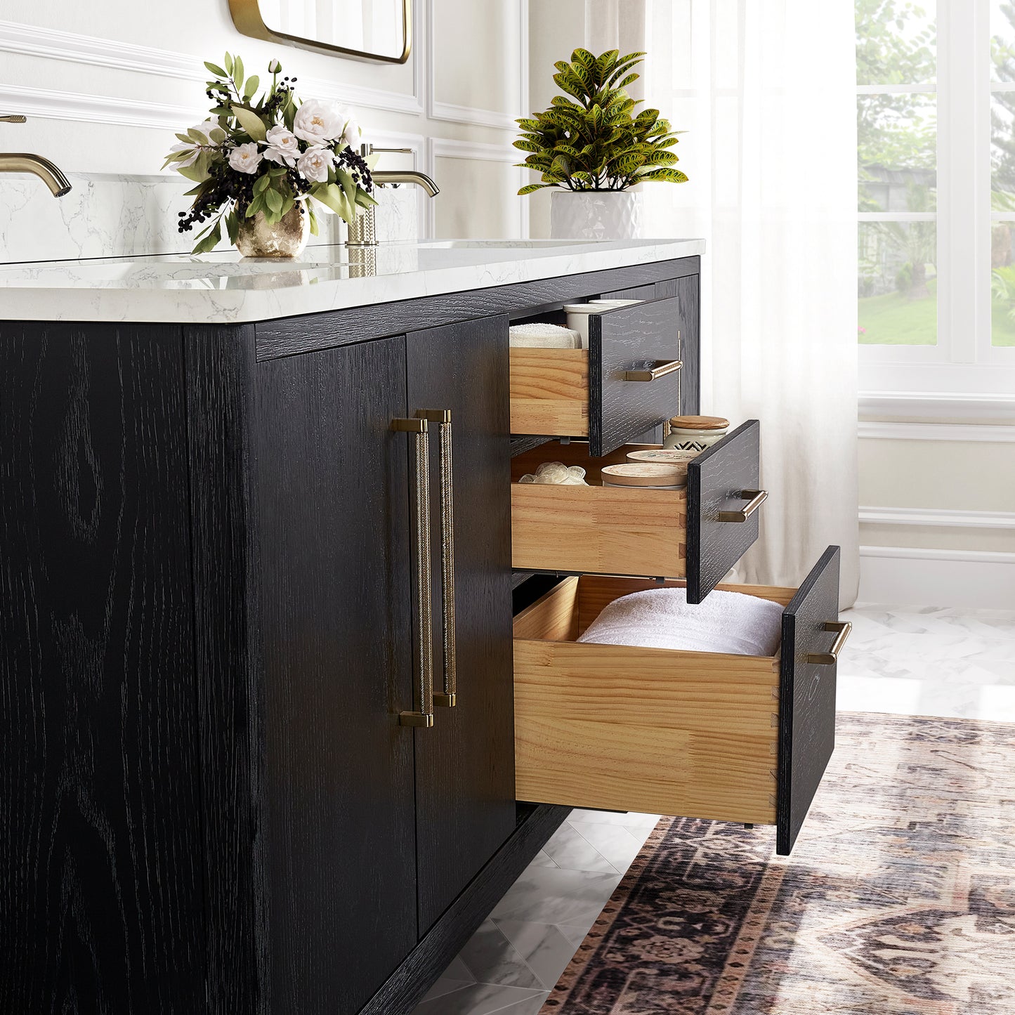 Vinnova, Gara 72" Free-standing Double Bath Vanity in Fir Wood Black with White Grain Composite Stone Top