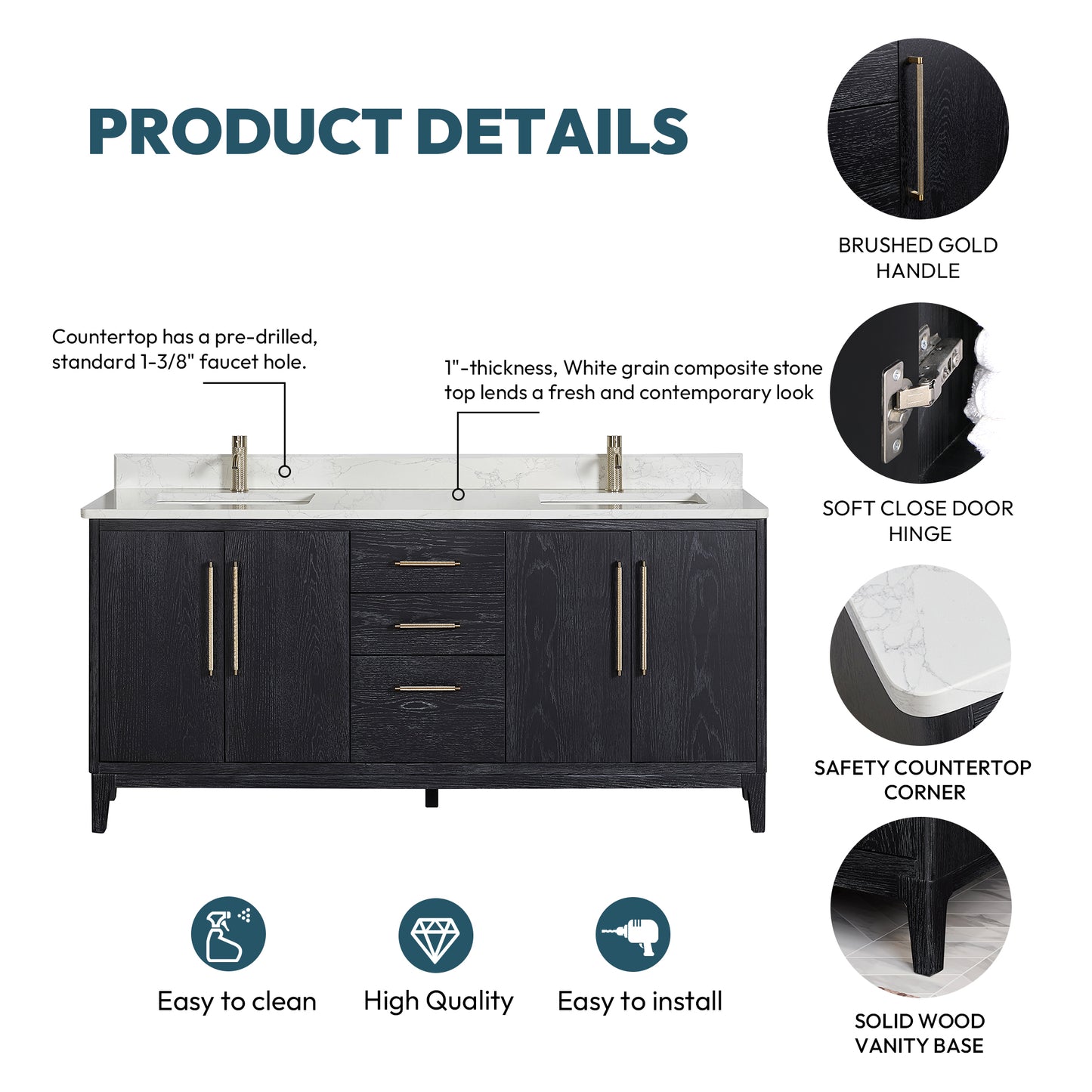 Vinnova, Gara 72" Free-standing Double Bath Vanity in Fir Wood Black with White Grain Composite Stone Top