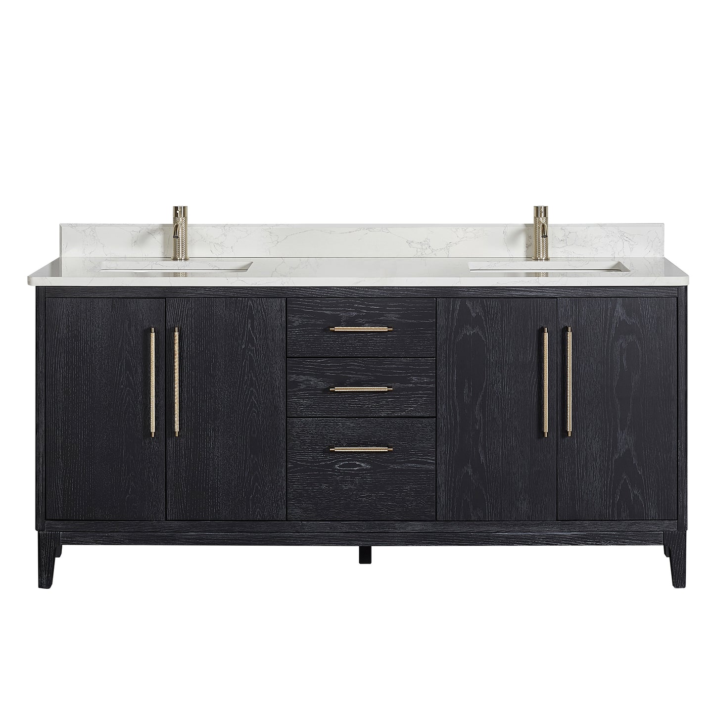 Vinnova, Gara 72" Free-standing Double Bath Vanity in Fir Wood Black with White Grain Composite Stone Top