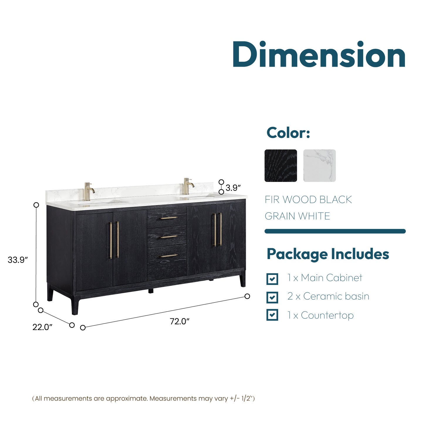 Vinnova, Gara 72" Free-standing Double Bath Vanity in Fir Wood Black with White Grain Composite Stone Top
