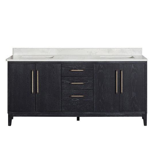 Vinnova, Gara 72" Free-standing Double Bath Vanity in Fir Wood Black with White Grain Composite Stone Top