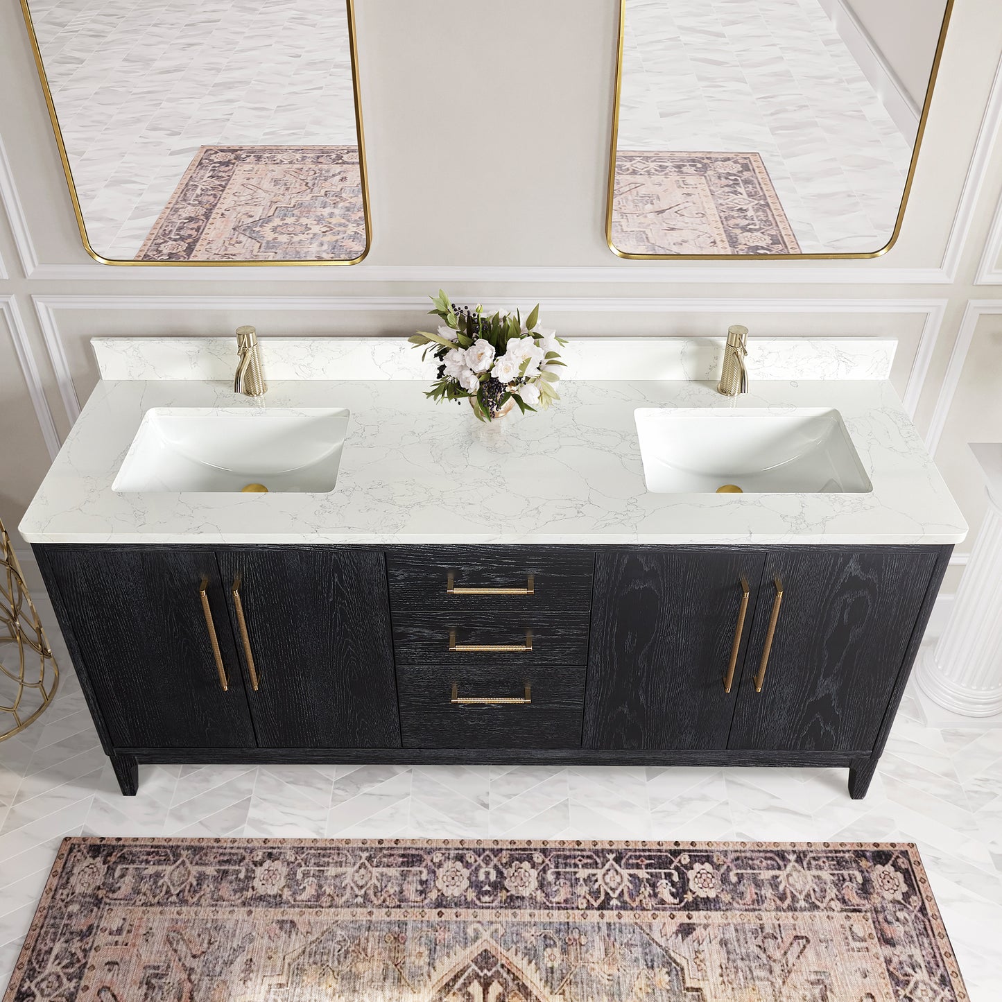 Vinnova, Gara 72" Free-standing Double Bath Vanity in Fir Wood Black with White Grain Composite Stone Top