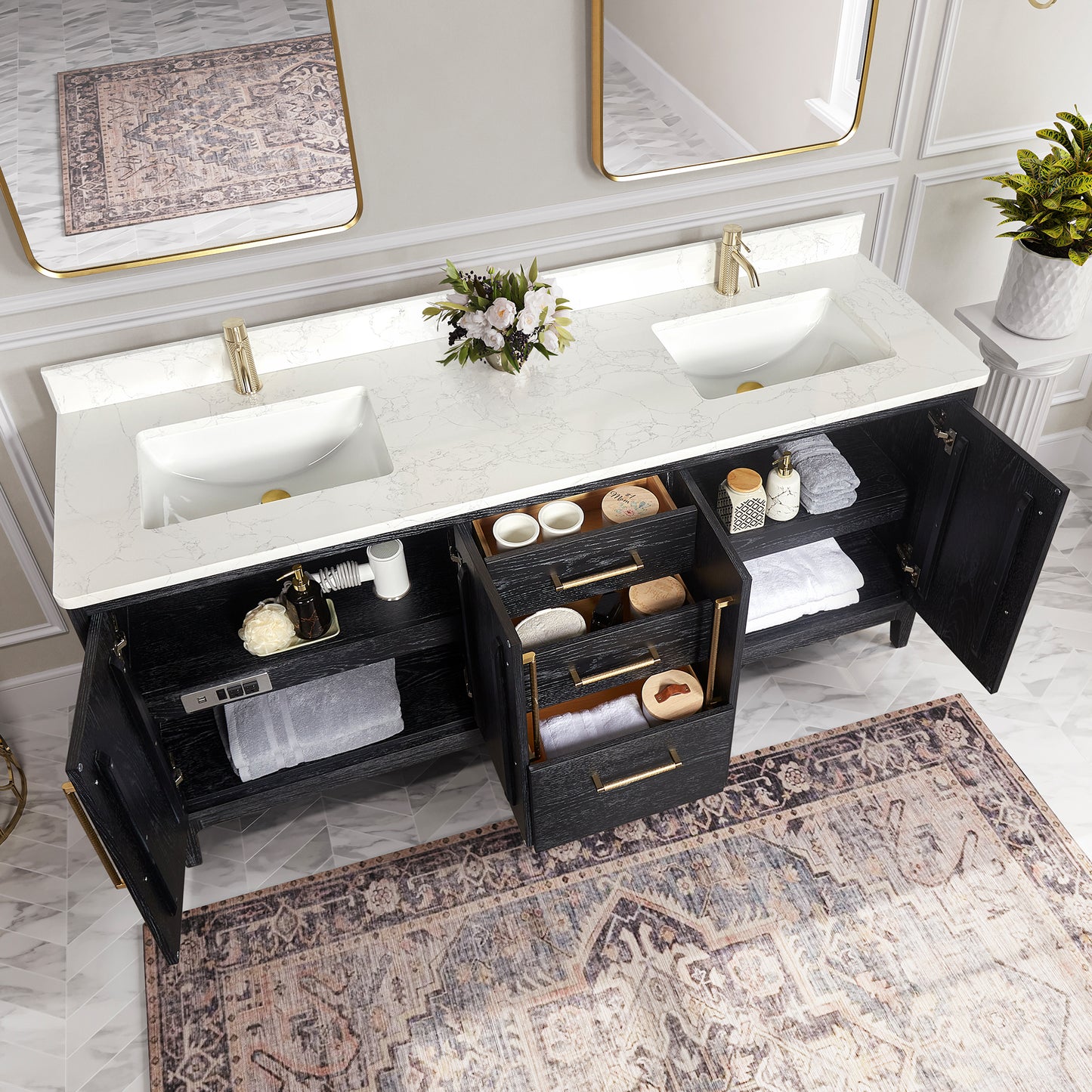 Vinnova, Gara 72" Free-standing Double Bath Vanity in Fir Wood Black with White Grain Composite Stone Top