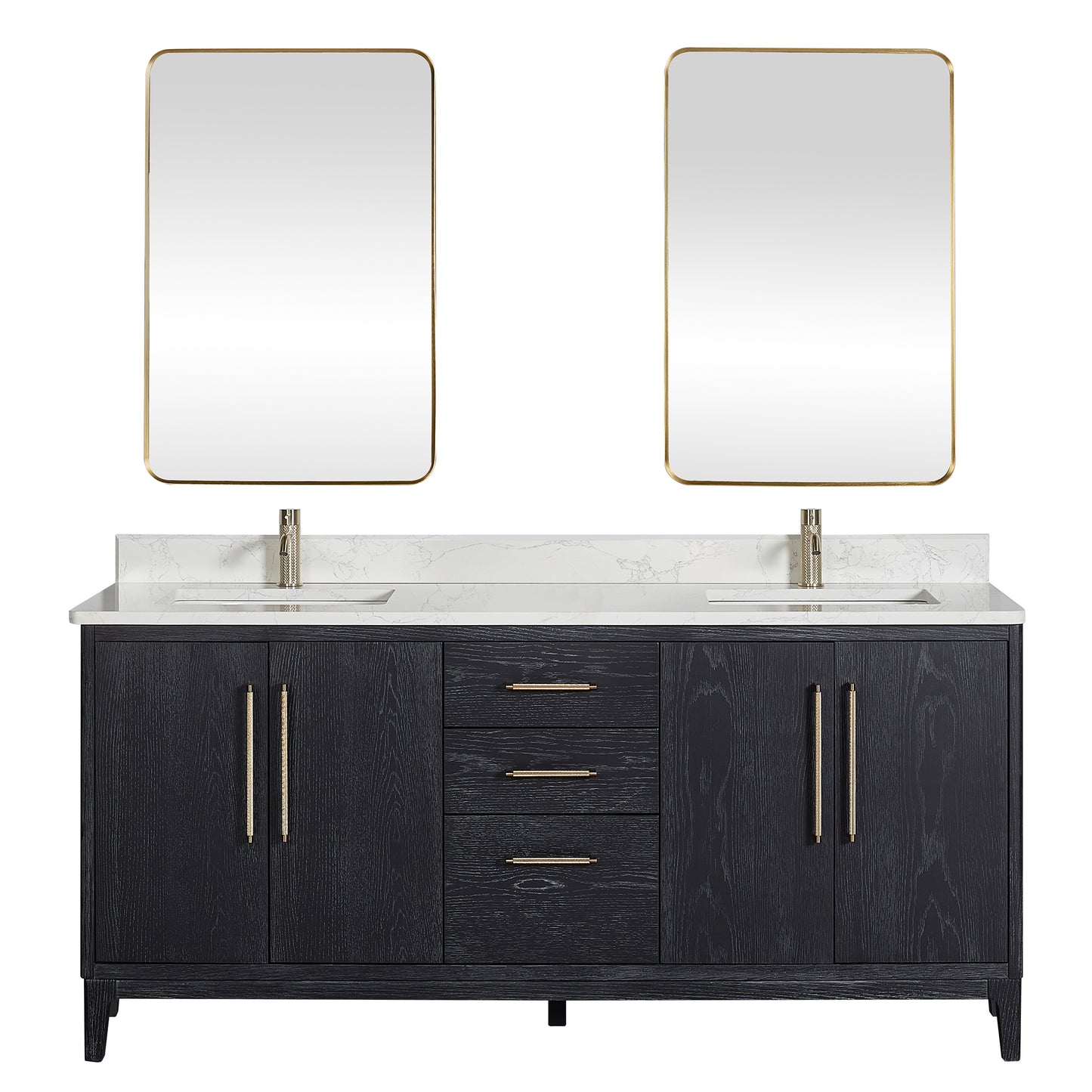 Vinnova, Gara 72" Free-standing Double Bath Vanity in Fir Wood Black with White Grain Composite Stone Top and Mirror