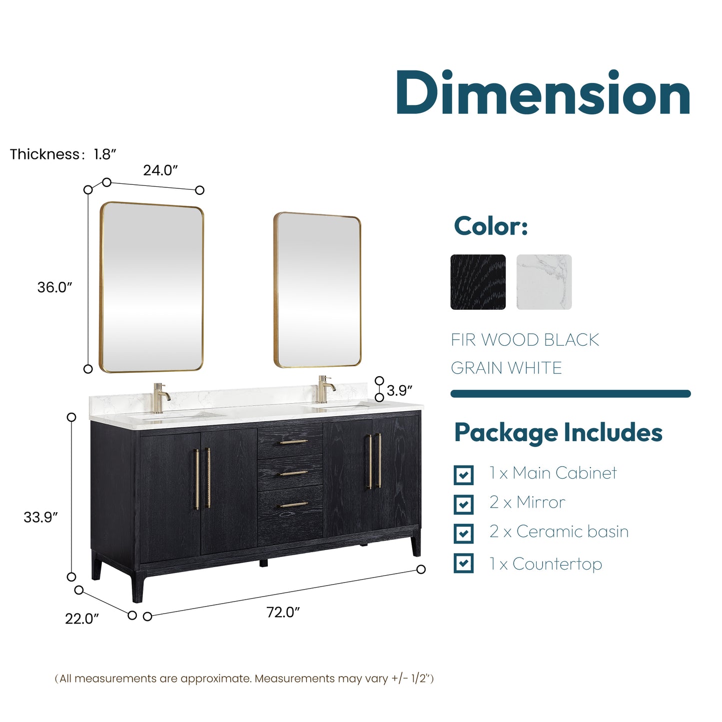 Vinnova, Gara 72" Free-standing Double Bath Vanity in Fir Wood Black with White Grain Composite Stone Top and Mirror