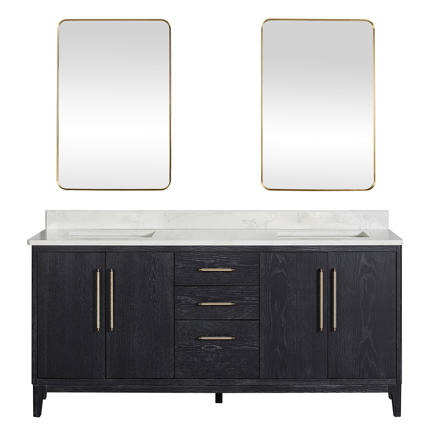 Vinnova, Gara 72" Free-standing Double Bath Vanity in Fir Wood Black with White Grain Composite Stone Top and Mirror