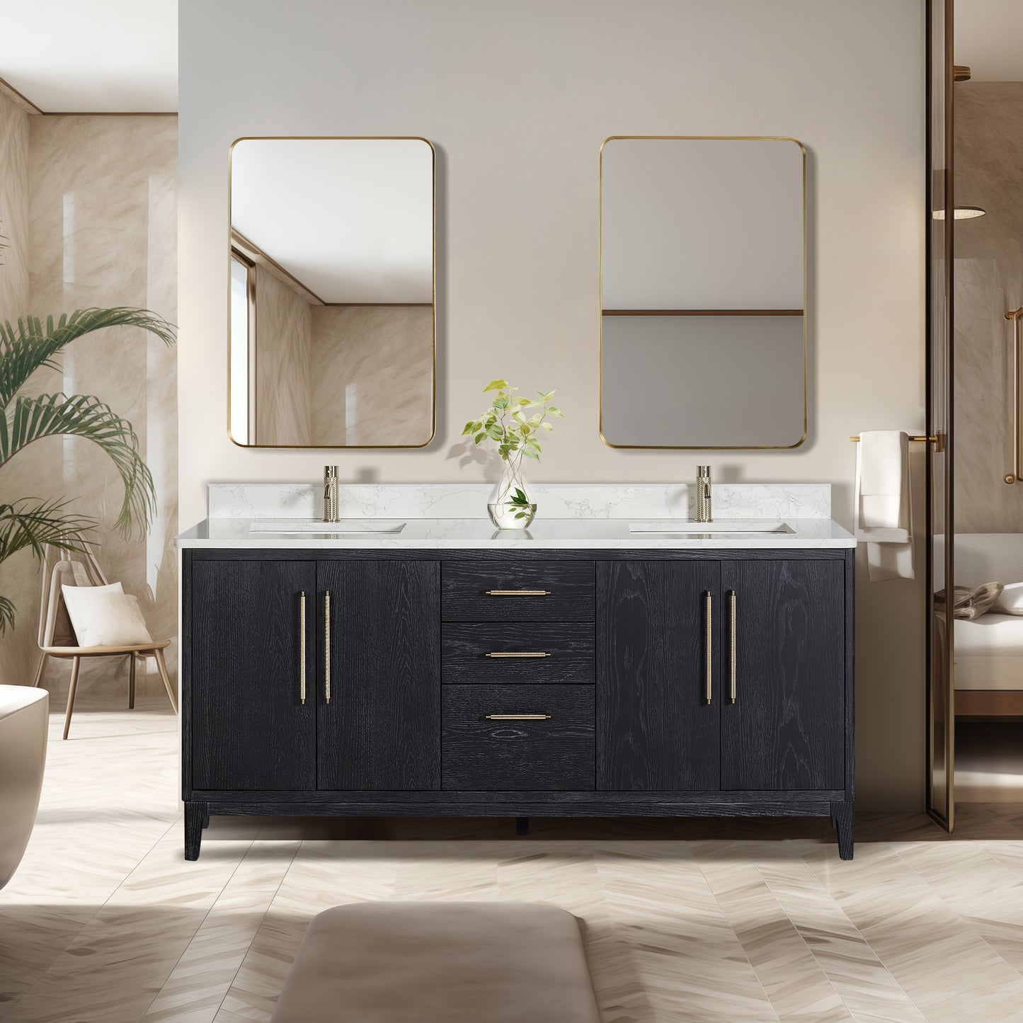 Vinnova, Gara 72" Free-standing Double Bath Vanity in Fir Wood Black with White Grain Composite Stone Top and Mirror