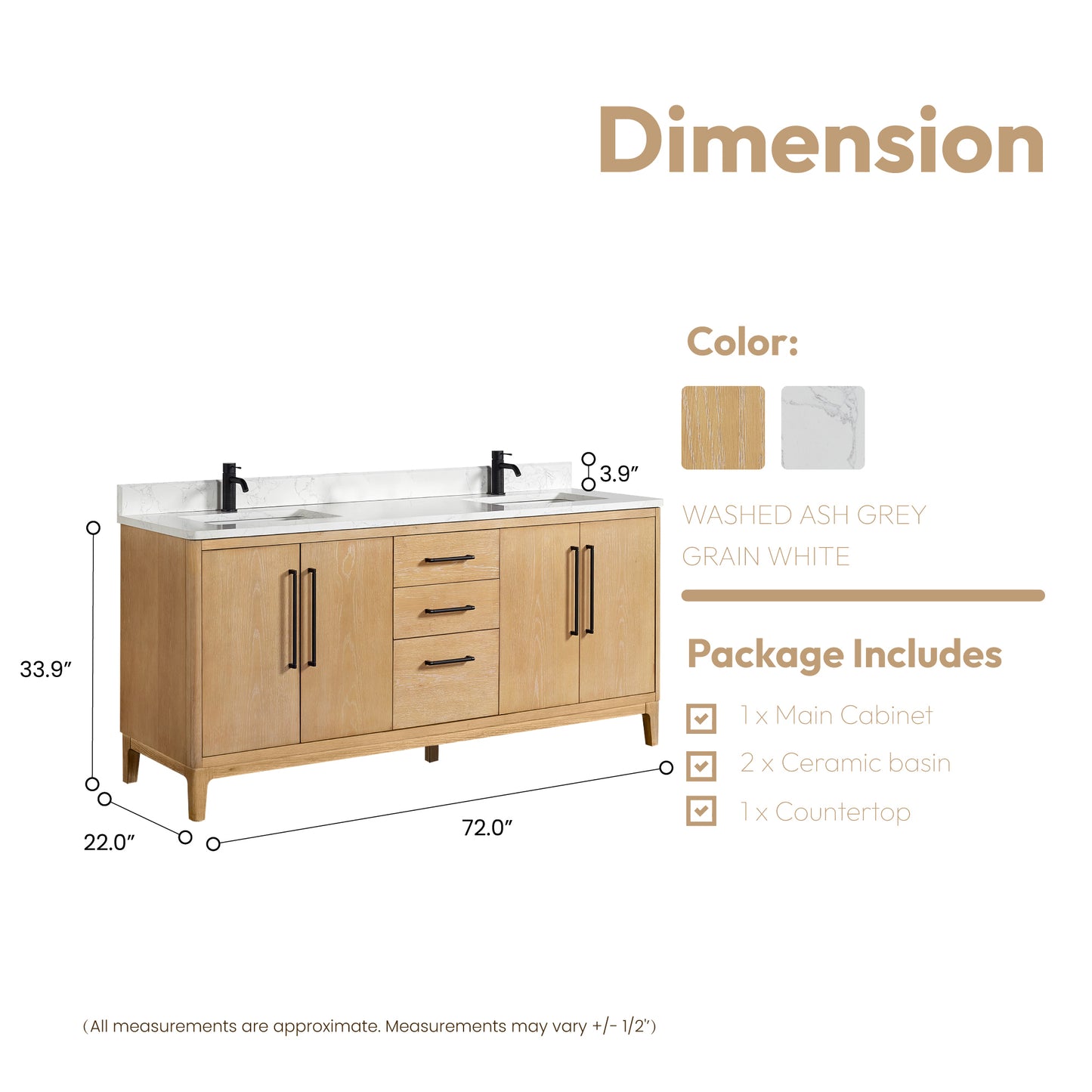 Vinnova, Gara 72" Free-standing Double Bath Vanity in Washed Ash Grey with White Grain Composite Stone Top