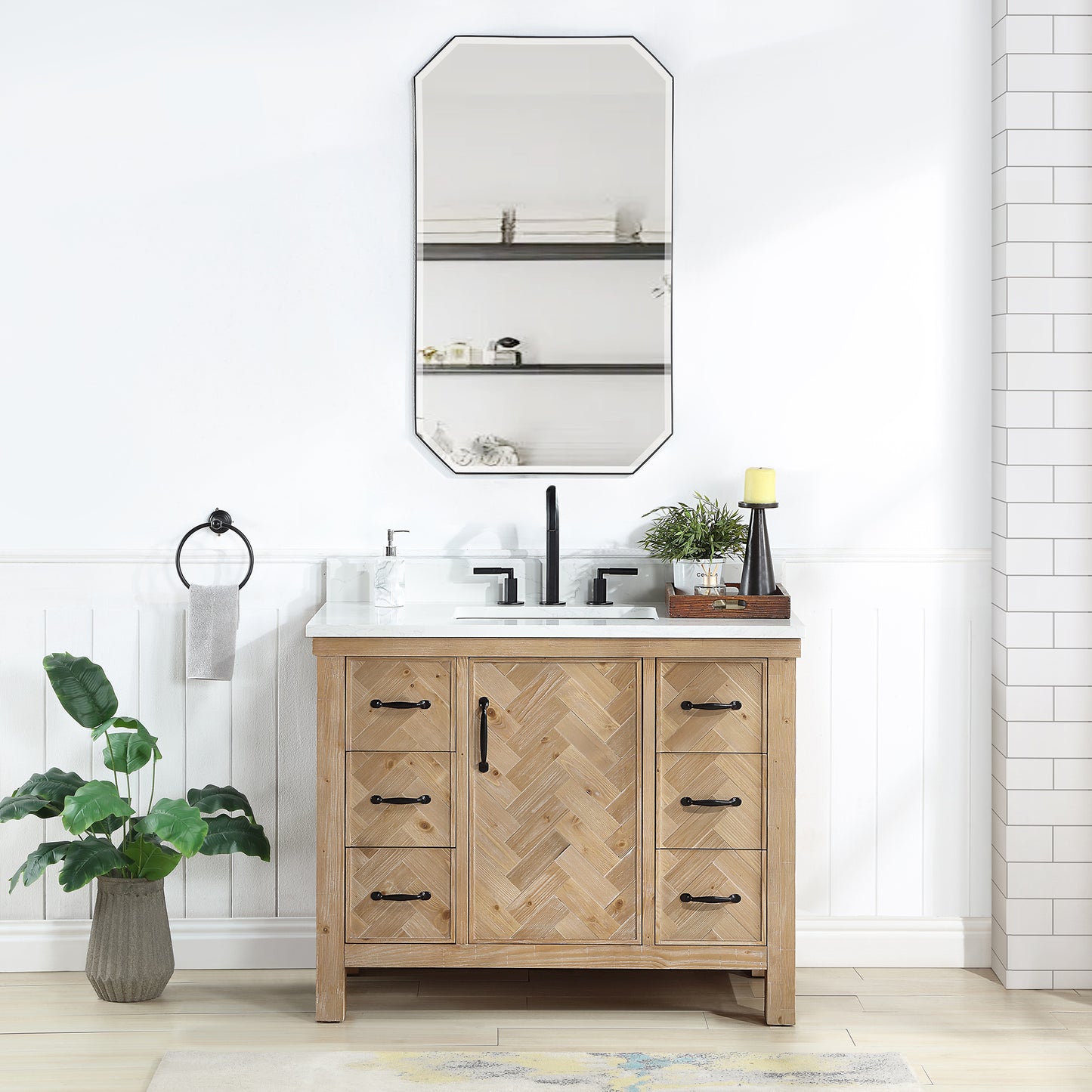 Vinnova, Javier 42" Free-standing Single Bath Vanity in Spruce Antique Brown with White Grain Composite Stone Top